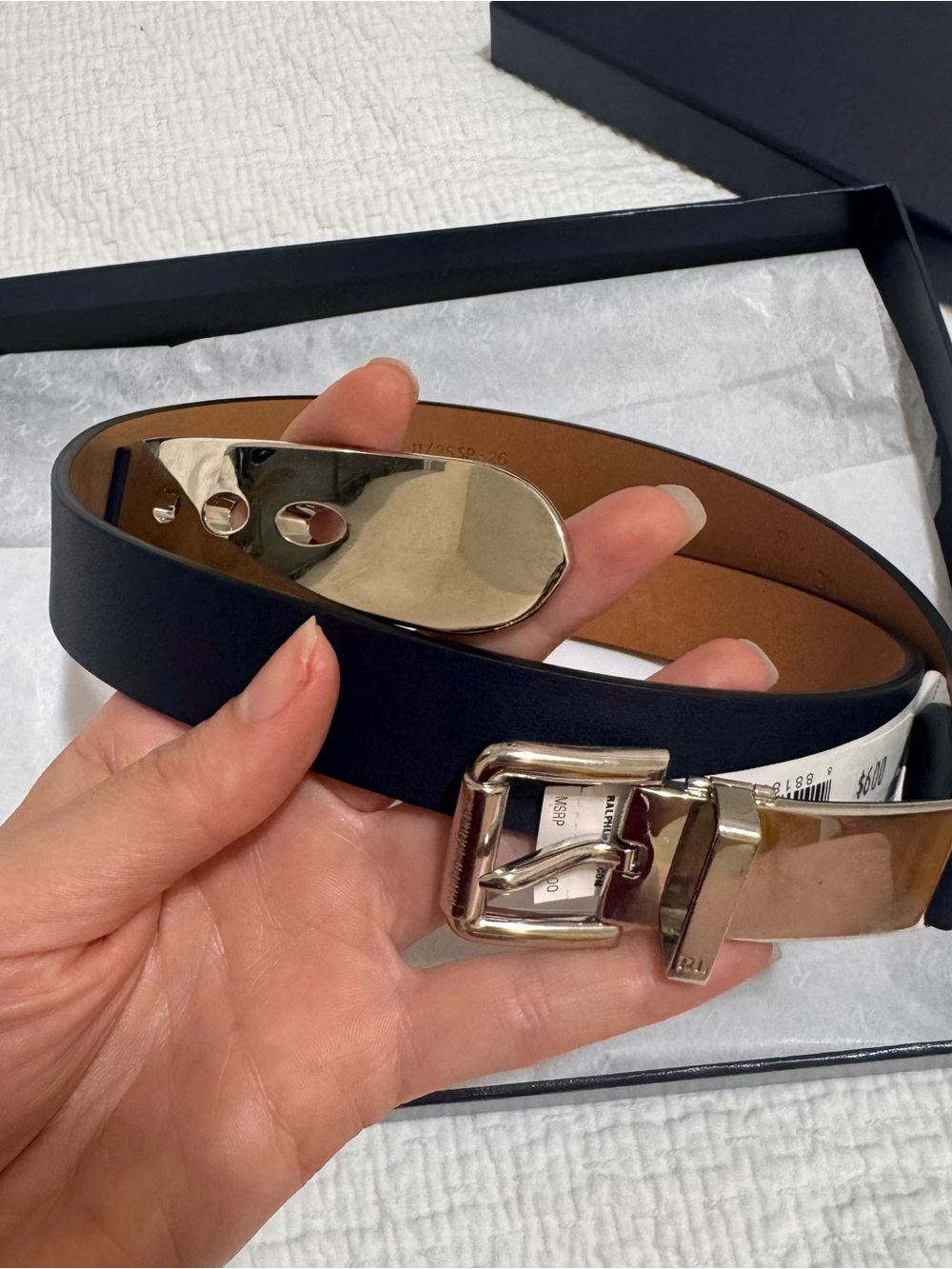 Ralph Lauren Purple Label navy Leather Belt with Silver buckle, women’s, size M